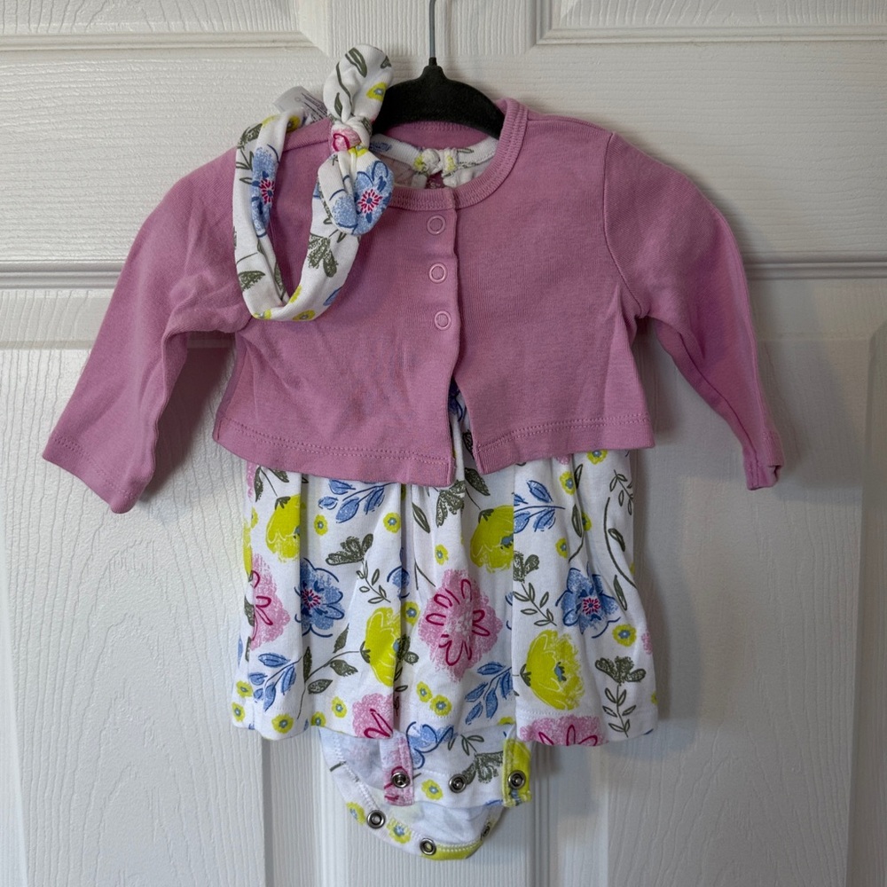 Floral Baby Outfit with Pink Cardigan, 3 piece set, 0-3 mo